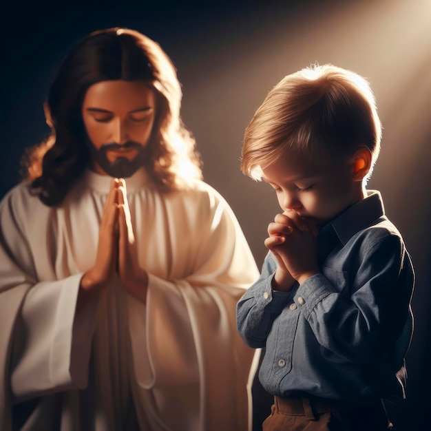 Niño lindo orando en la iglesia y Jesús dando bendición a un generativo