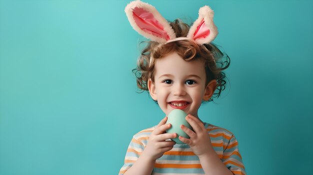 Foto un niño lindo con orejas de conejo sosteniendo un huevo de pascua en bule y fondo rosa