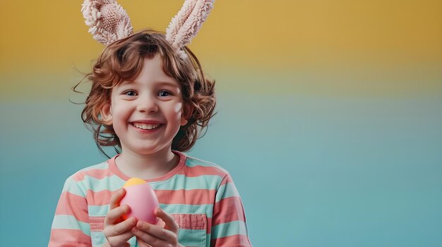 Foto un niño lindo con orejas de conejo sosteniendo un huevo de pascua en bule y fondo rosa