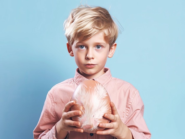 Un niño lindo con orejas de conejo sosteniendo un huevo de Pascua