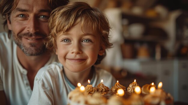 Foto niño lindo con pastel de cumpleaños en casa con su padre