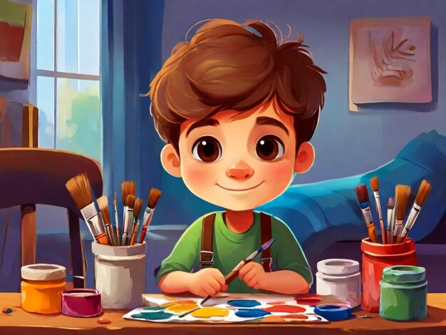 Niño lindo pintando con pinceles y pinturas ilustración vectorial