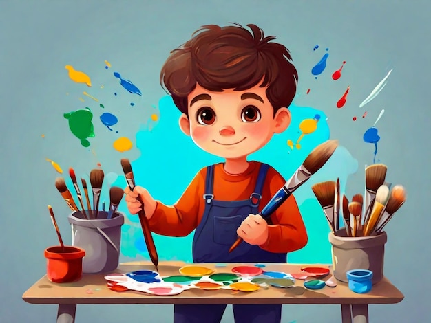 Niño lindo pintando con pinceles y pinturas ilustración vectorial