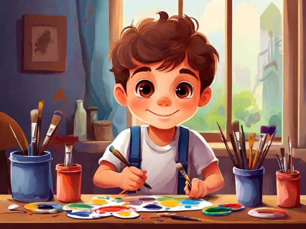 Niño lindo pintando con pinceles y pinturas ilustración vectorial