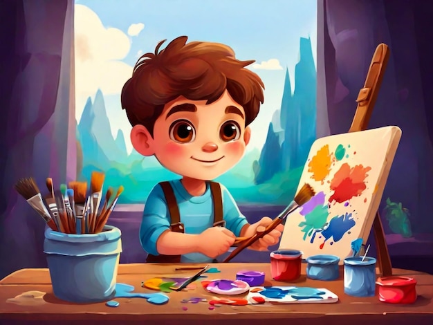 Niño lindo pintando con pinceles y pinturas ilustración vectorial