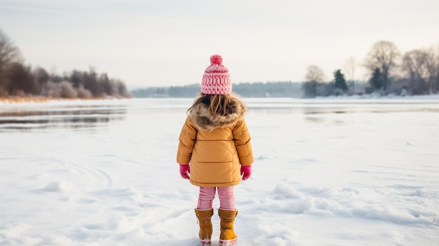 Un niño lindo de preescolar está jugando en el hielo de un lago o río congelado en un invierno frío y soleado