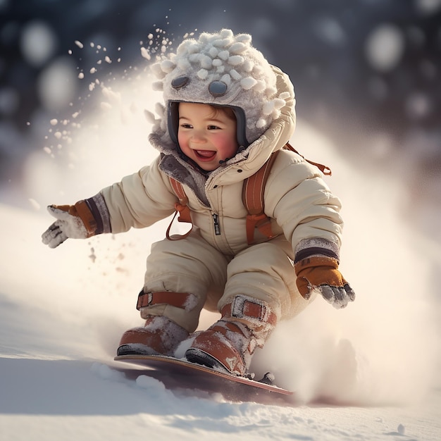 Niño lindo renderizado en 3D con traje completo haciendo snowboard por la pendiente