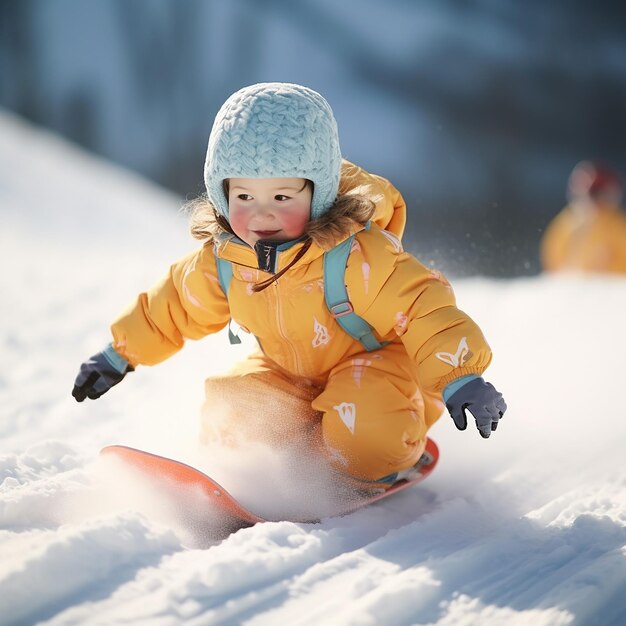 Niño lindo renderizado en 3D con traje completo haciendo snowboard por la pendiente