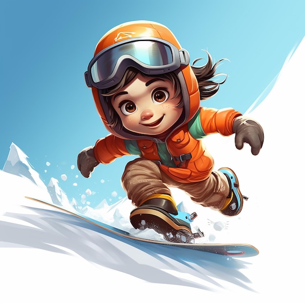 Niño lindo renderizado en 3D con traje completo haciendo snowboard por la pendiente