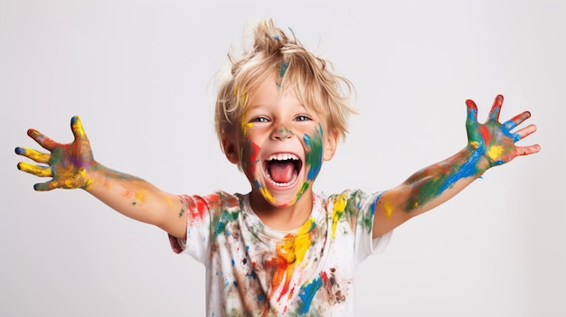 Niño lindo riendo juntos y divirtiéndose con pinturas pintadas con manos de piel retrato de niño