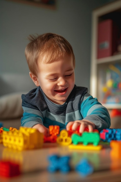 Un niño lindo con síndrome de Down juega con juguetes mientras está sentado en la mesa