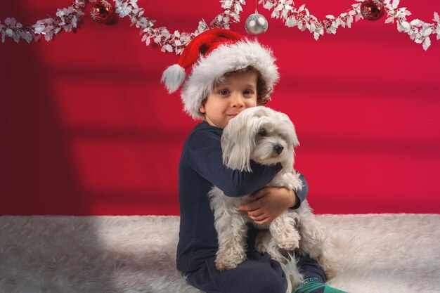 Niño lindo con sombrero de navidad y adornos abrazando a su perrito