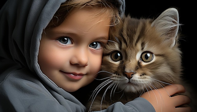 Niño lindo sonriendo abrazando a un gatito pura felicidad y amor generados por la IA