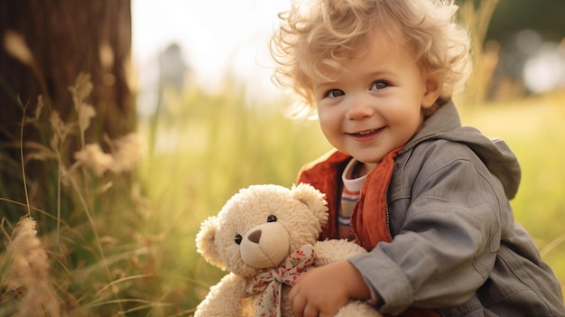 niño lindo sonriendo al aire libre con juguete en la naturaleza