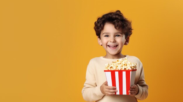 Un niño lindo sonriendo sosteniendo una caja de palomitas de maíz AI generativa