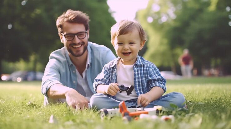 Un niño lindo y su joven y apuesto padre están jugando con un avión de juguete en la IA generativa del jardín