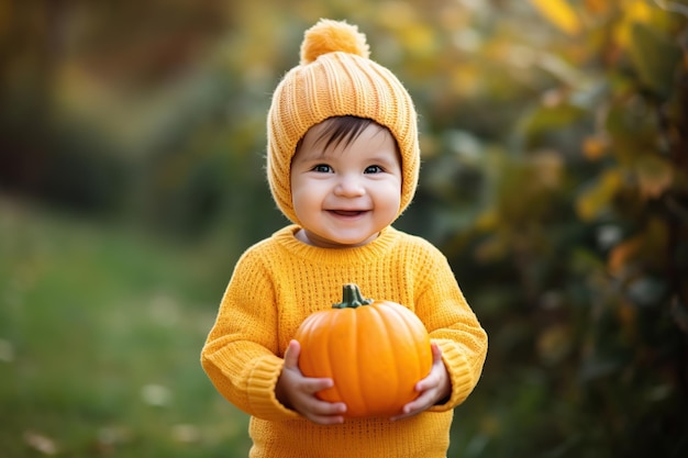 Niño lindo con suéter amarillo y con calabaza naranja en las manos