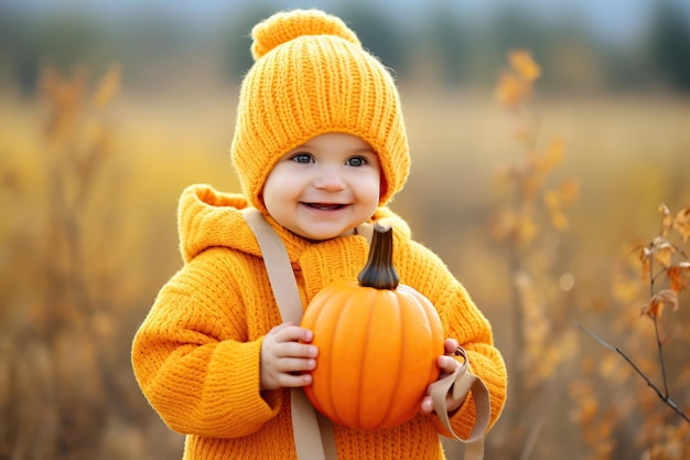 Niño lindo con suéter amarillo y calabaza naranja en las manos
