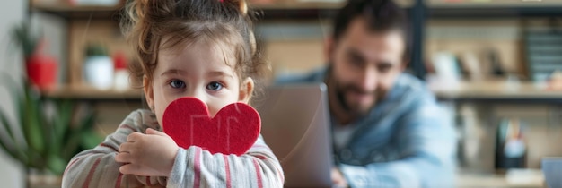 Niño lindo con una tarjeta de felicitación en forma de corazón para el día del padre Papá trabajando en la computadora portátil en el fondo