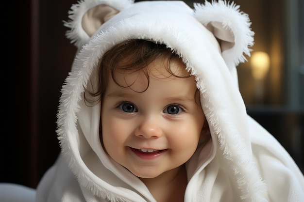 Niño lindo con una toalla en el baño.