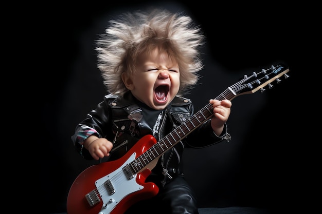 Un niño lindo tocando la guitarra eléctrica.