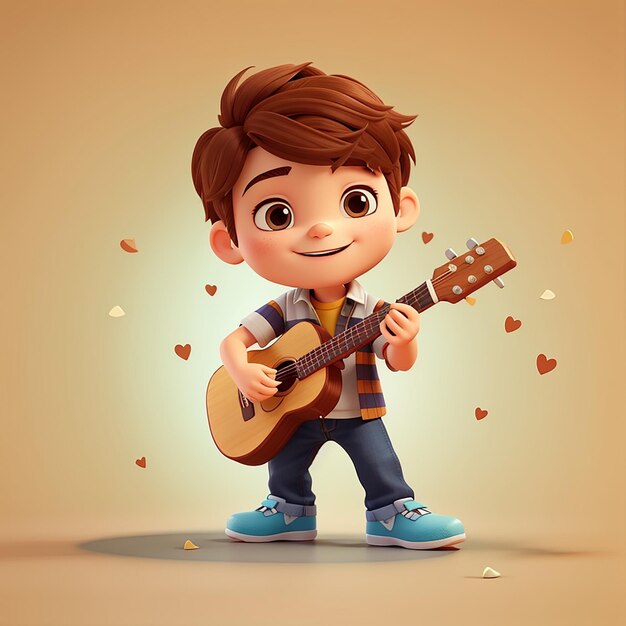 Niño lindo tocando la guitarra de escoba dibujos animados icono vectorial ilustración gente saludable concepto de icono aislado