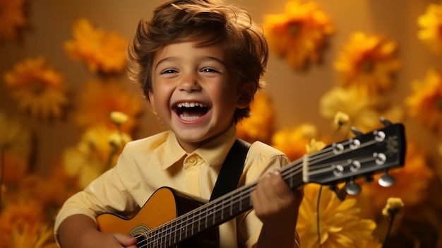 Un niño lindo tocando la guitarra.