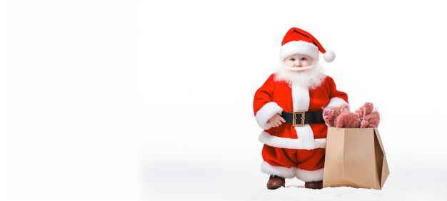 Niño lindo con un traje rojo de Papá Noel Feliz y brillante Feliz Navidad
