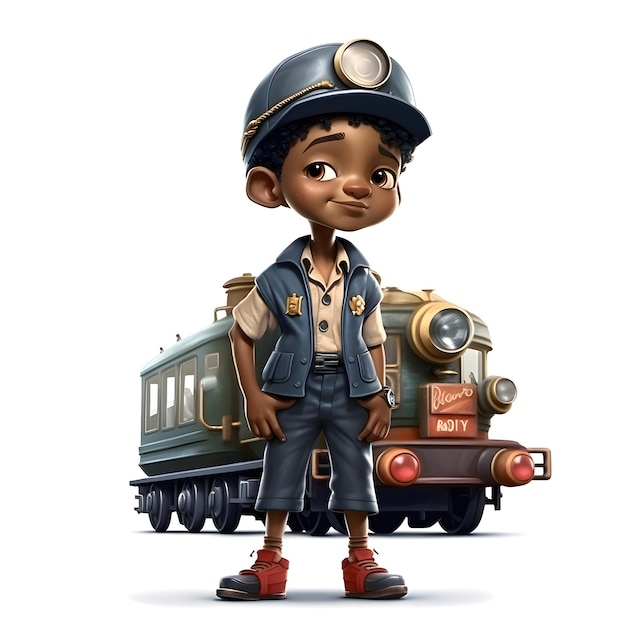 Foto un niño lindo en uniforme de policía de pie junto al tren