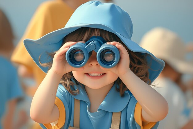 Foto niño lindo usando binocular para mirar