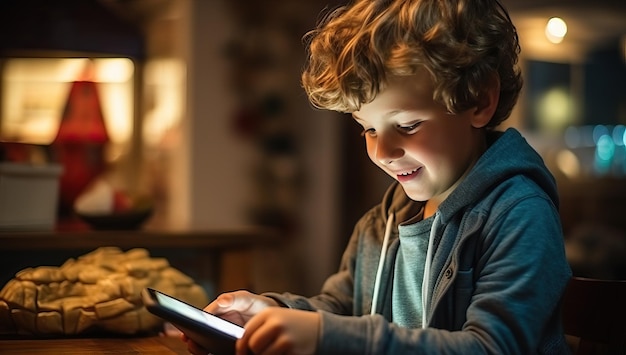 Un niño lindo usando una tableta en un café por la noche.