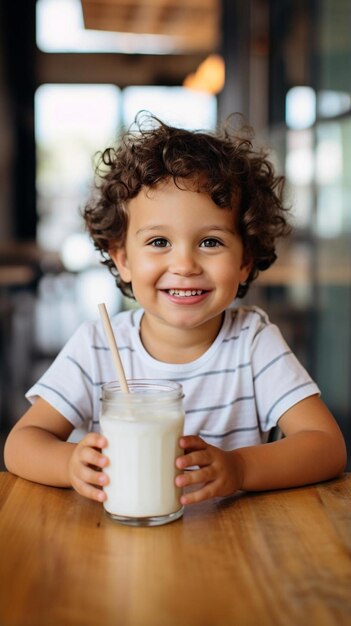 Foto un niño lindo con un vaso de leche sentado en una mesa