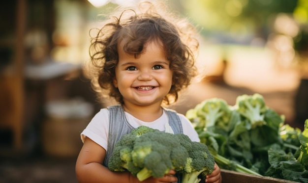 Niño lindo con verduras frescas en el jardín