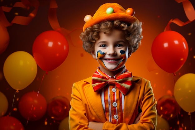 Un niño lindo vestido de vaquero para Halloween en un fondo naranja generado por la IA