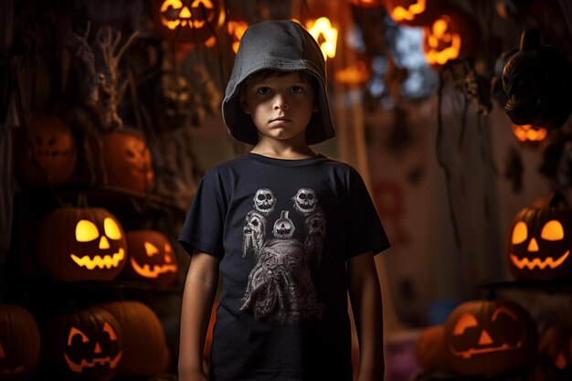 Foto un niño lleva una camiseta con temática de halloween