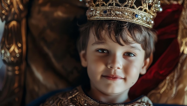 Un niño lleva una corona y está sentado en una silla