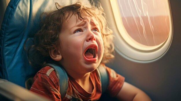 Un niño llora en un avión Niño de IA generativa