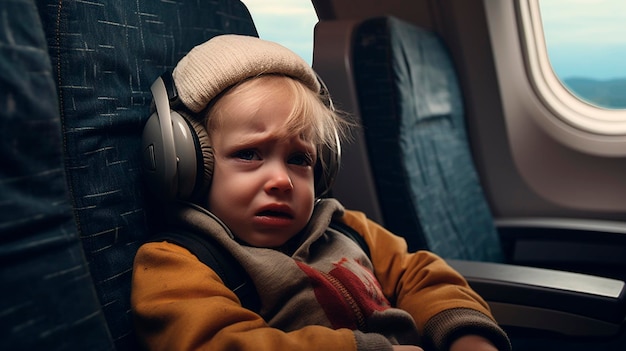 Un niño llora en un avión Niño de IA generativa