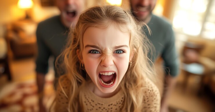 Un niño llora mientras los padres discuten en el fondo IA generativa