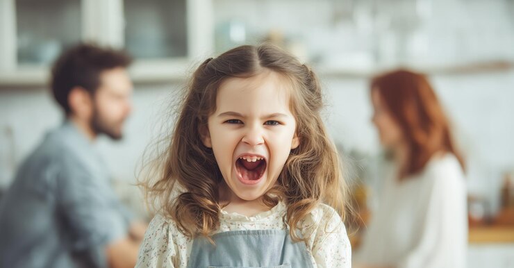 Un niño llora mientras los padres discuten en el fondo IA generativa