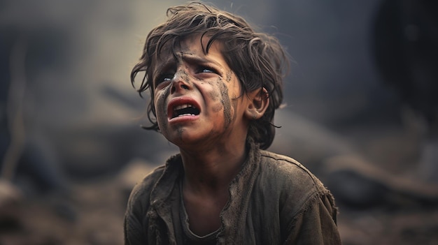 Foto niño llorando que se convirtió en víctima de un desastre natural o una guerra en palestina concepto