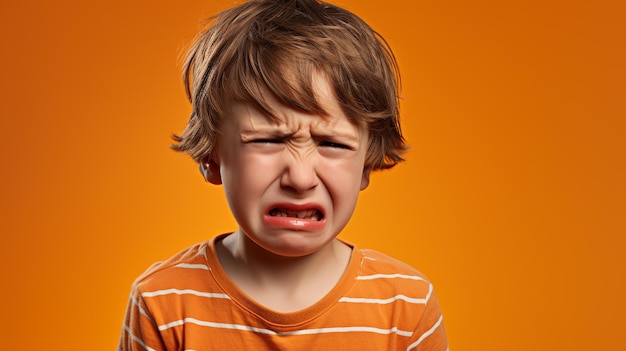 Niño llorón aislado en el fondo azul del estudio