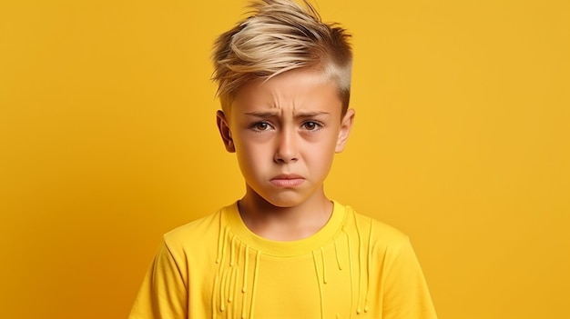 Niño llorón aislado en el fondo azul del estudio