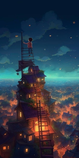 Un niño en lo alto de una escalera mirando el pueblo mágico yendo a dormir noche vívida iluminación colorida IA generativa realista