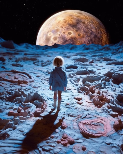 Un niño se para en la luna con la luna al fondo.