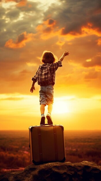 Foto un niño en una maleta con el sol detrás de él