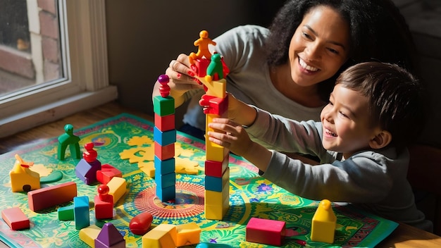 Niño con mamá jugando en un colorido kit de construcción