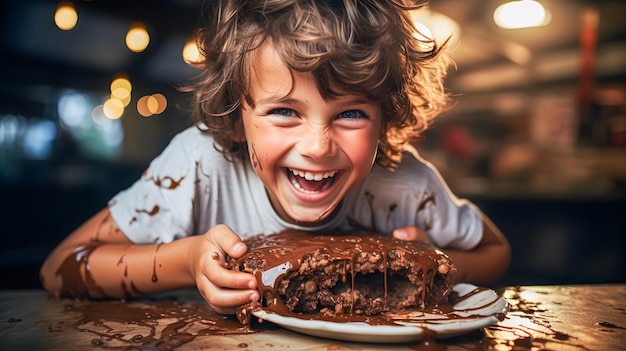 Niño manchado de chocolate sonriente comiendo pastel de chocolate Mesa de madera llena de chocolate con delicioso pastel