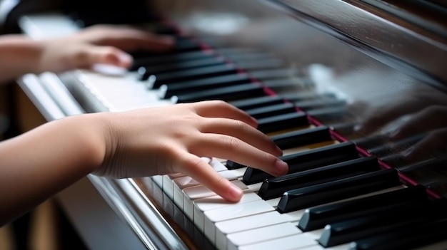 Niño manos aprendiendo a tocar el piano escuela de música generativa ai