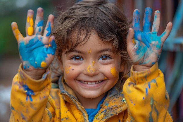 Niño con manos pintadas de azul y amarillo